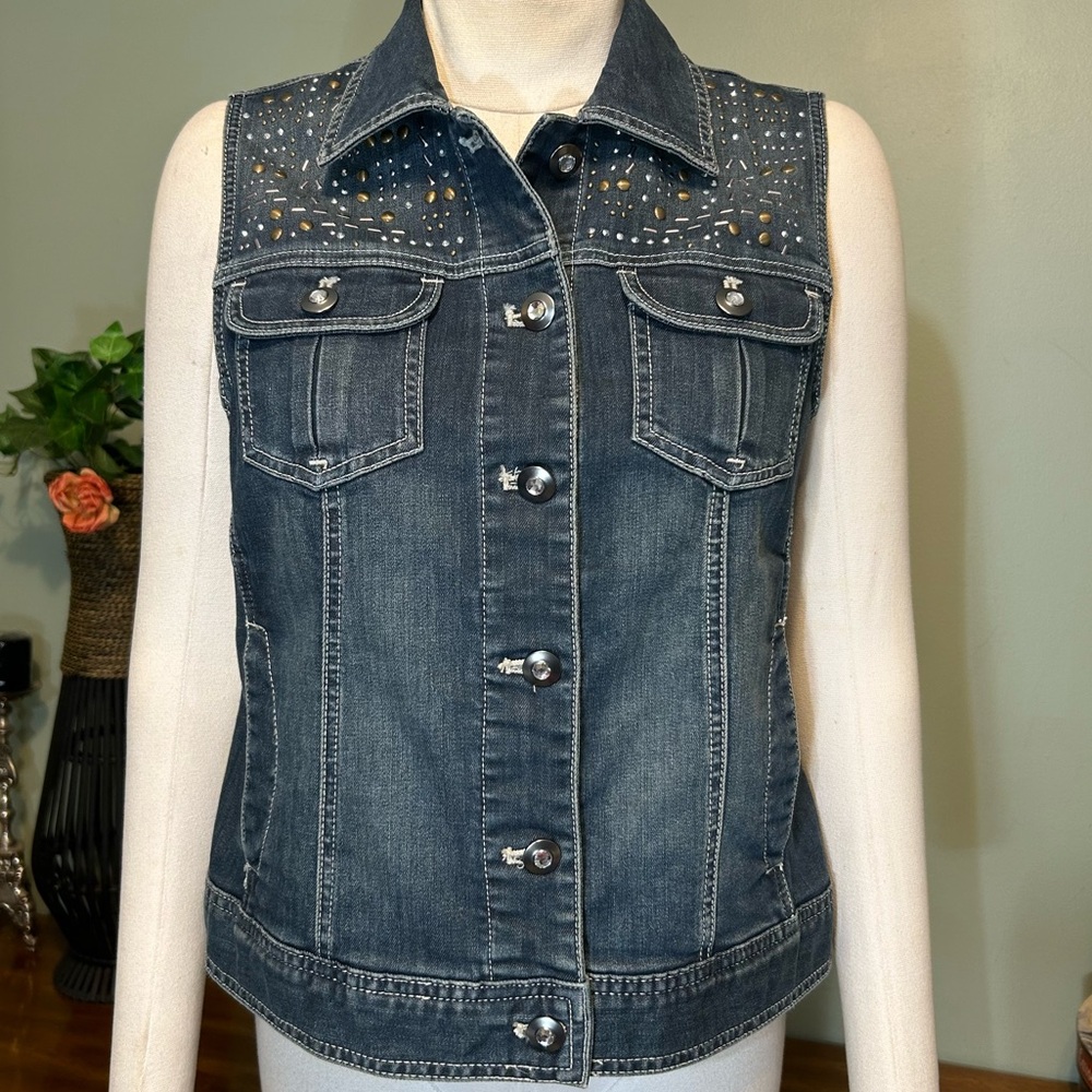 Chico's Platinum Blue Stud Rhinestone Denim Vest NEW NWOT